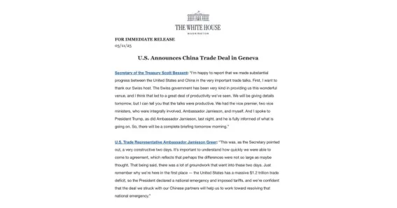 AS Resmi Umumkan Kesepakatan Dagang dengan China di Jenewa