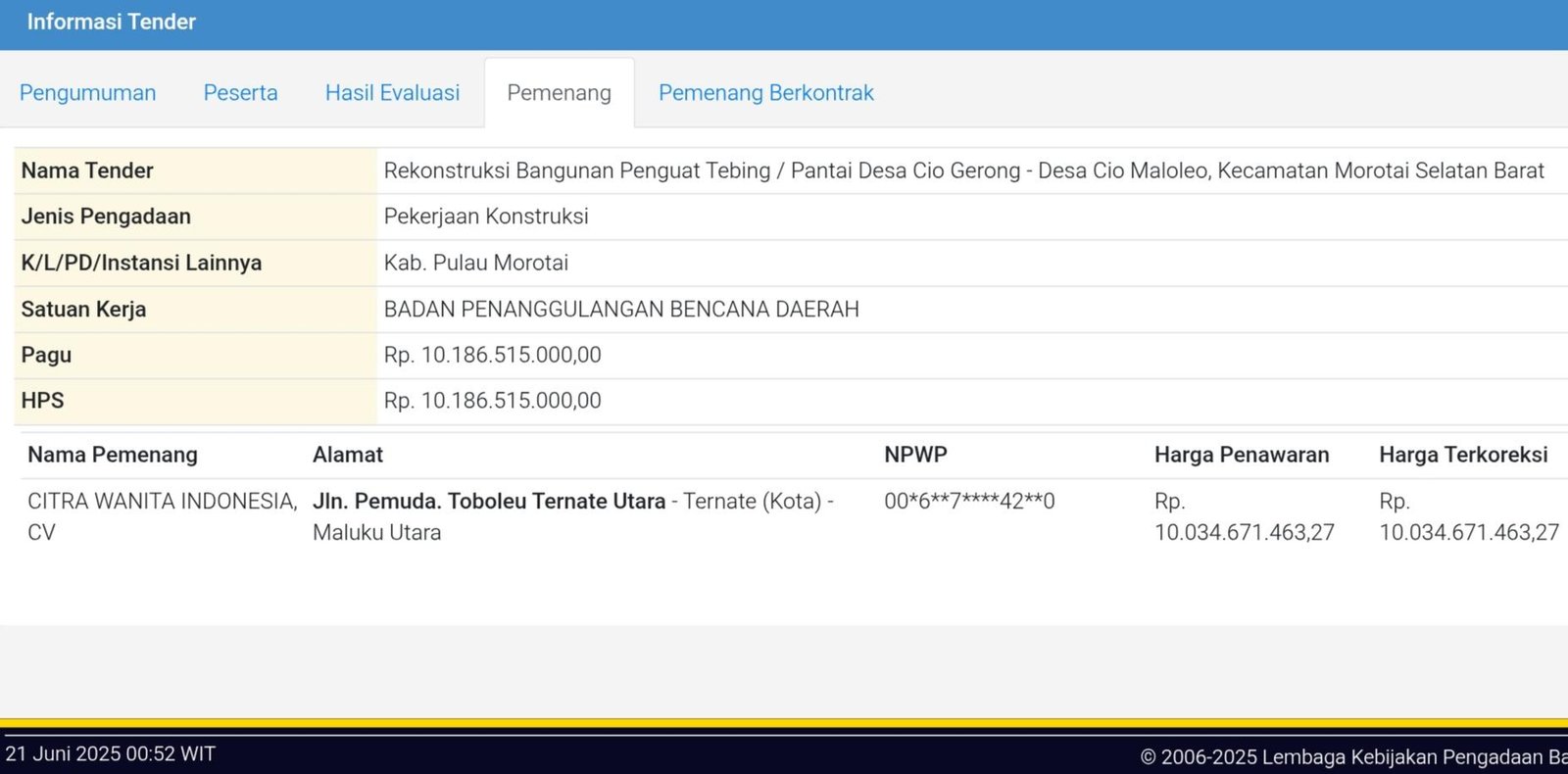 Kuras APBD Rp31,1 Milyar, CV Citra Wanita Indonesia Pemenang Tender Tertinggi dari 4 Proyek di Morotai